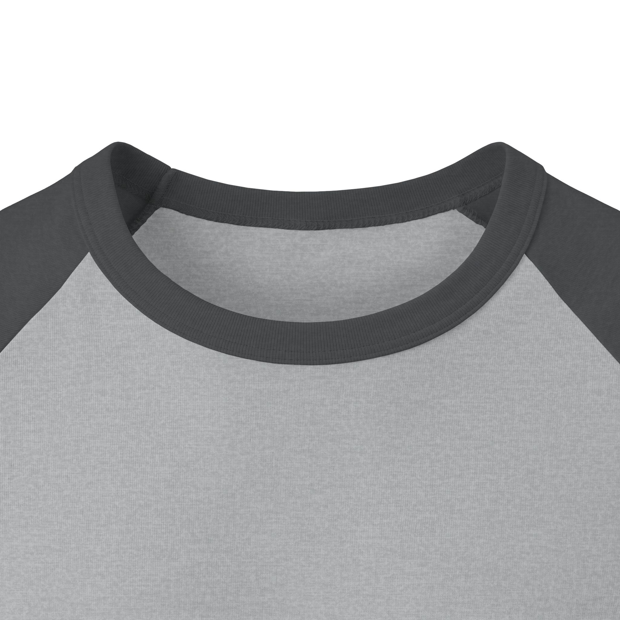 Front neckline close-up of the Ask Me How War Is the Health of the State raglan in Heather Grey with Heather Charcoal sleeves.
