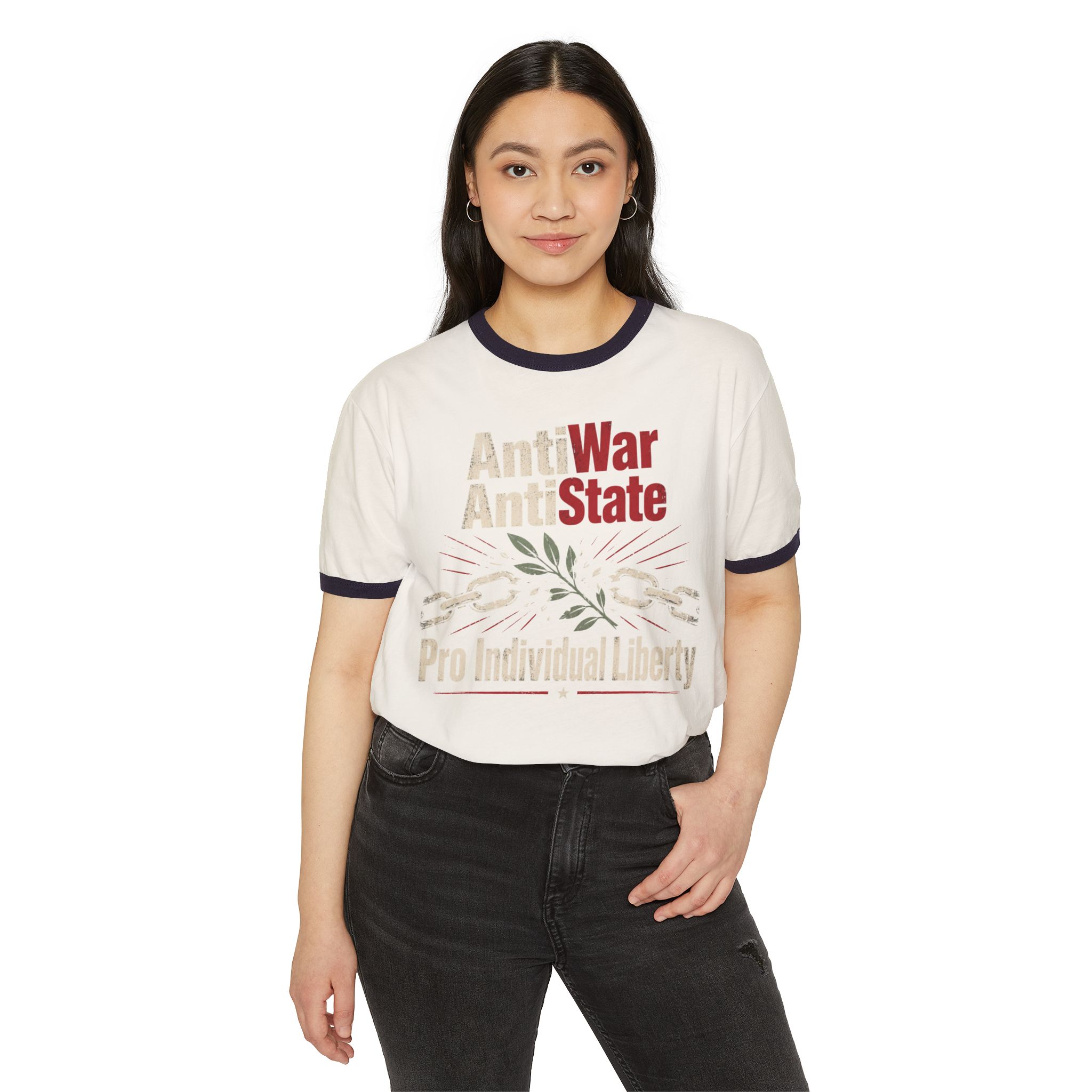 Model wearing the Anti War Anti State Pro Individual Liberty ringer tee in Natural with Midnight Navy trim, front view.
