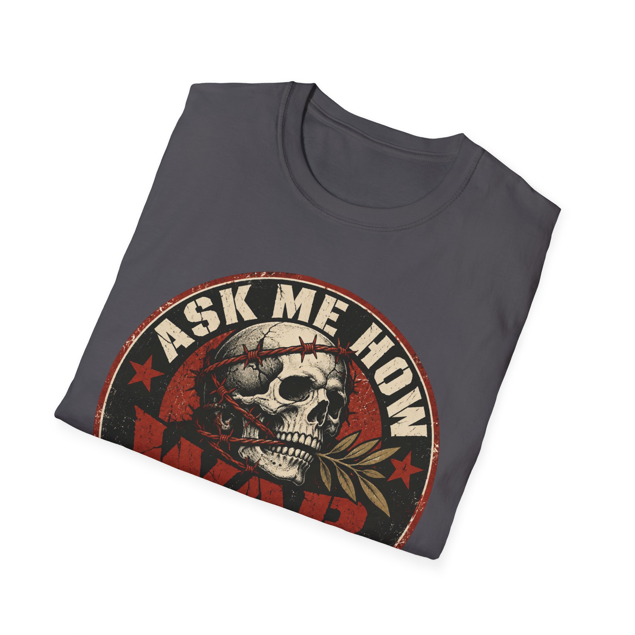 Folded Ask Me How War Is the Health of the State skull tee in Charcoal showing the badge print up close.