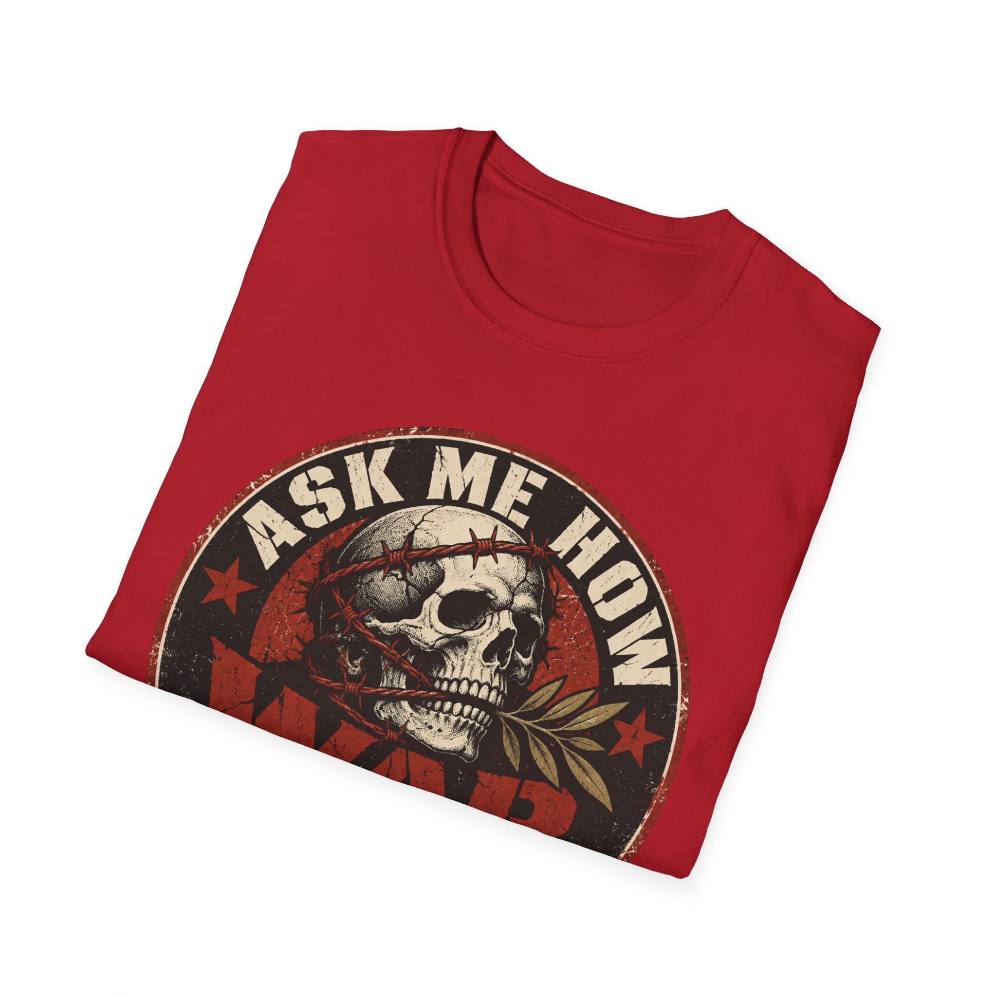Folded Ask Me How War Is the Health of the State skull tee in Cherry Red showing the badge print up close.