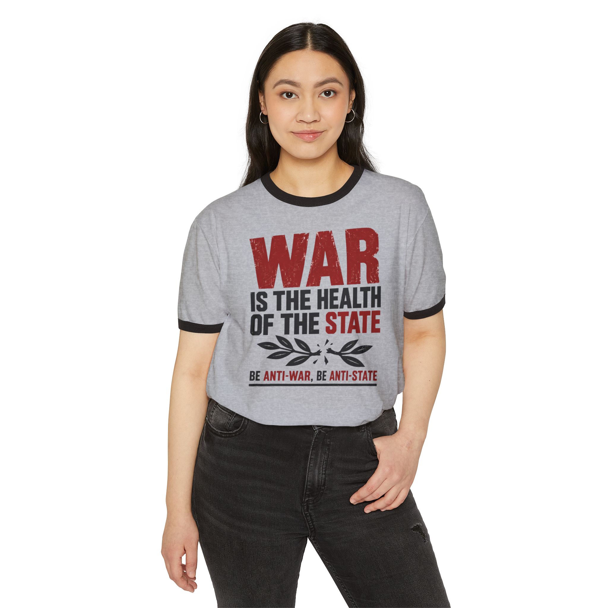 Model wearing the War Is the Health of the State ringer tee in Heather Grey with Black trim, front view.