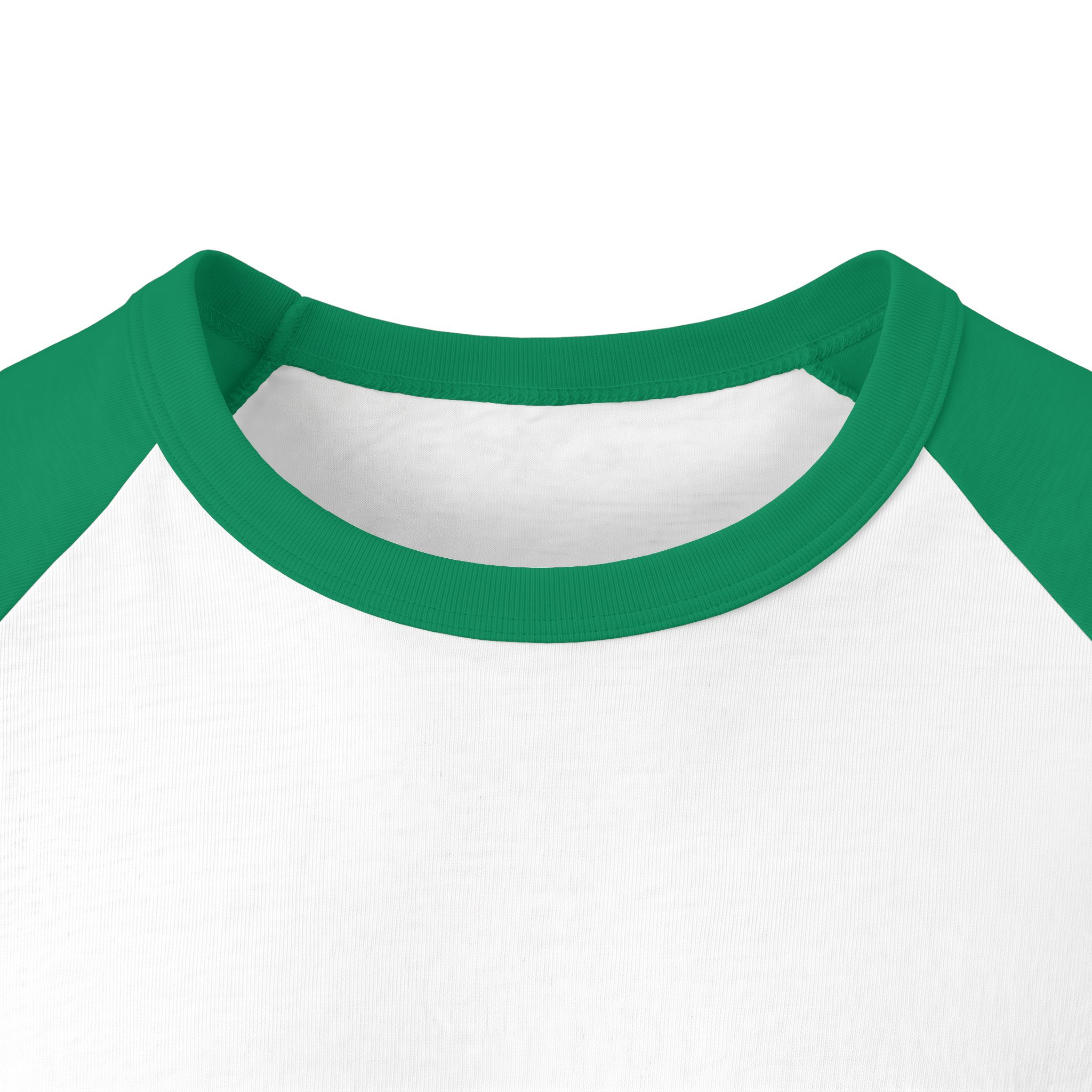 Front neckline close-up of the Ask Me How War Is the Health of the State raglan in White with Kelly sleeves.