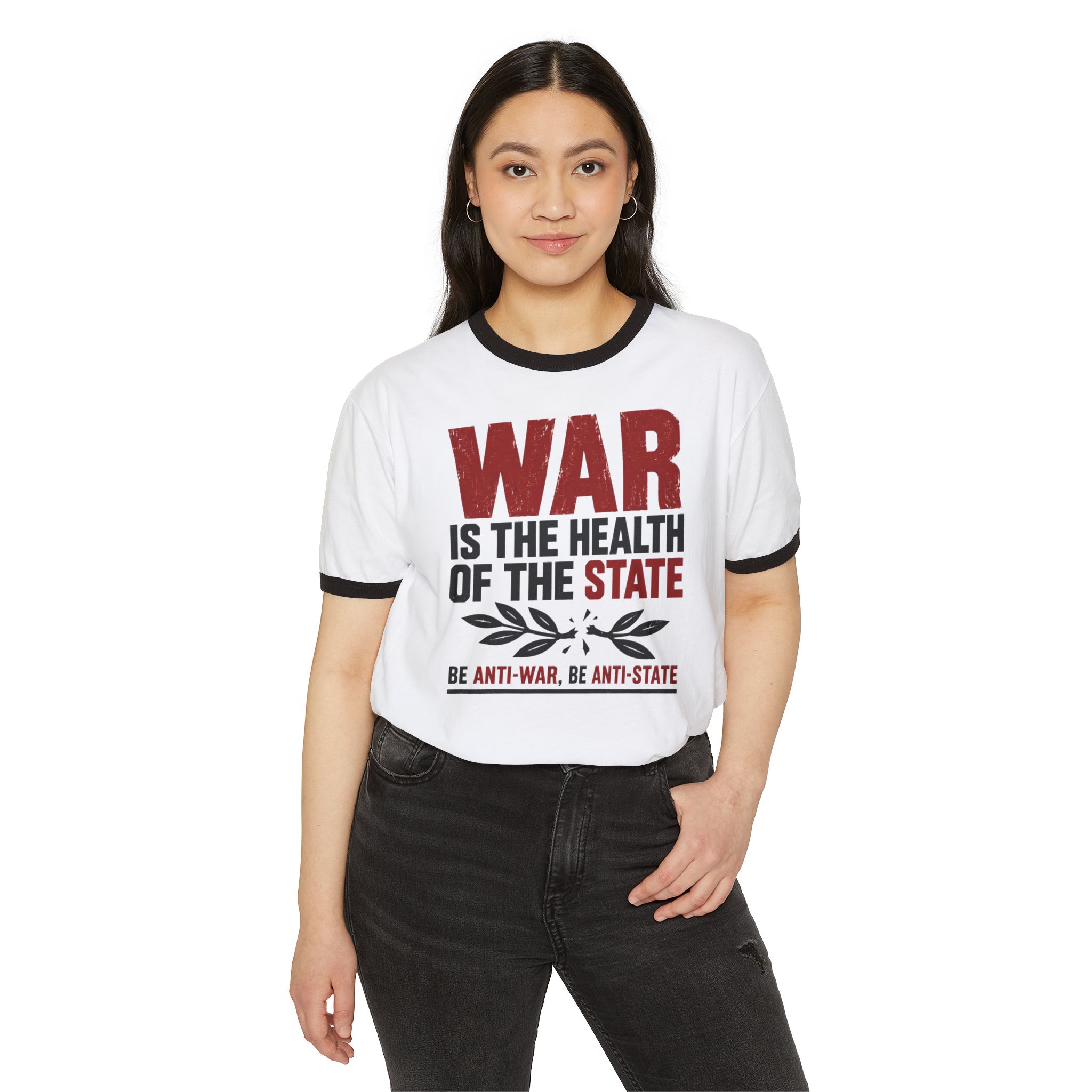 Model wearing the War Is the Health of the State ringer tee in White with Black trim, front view.