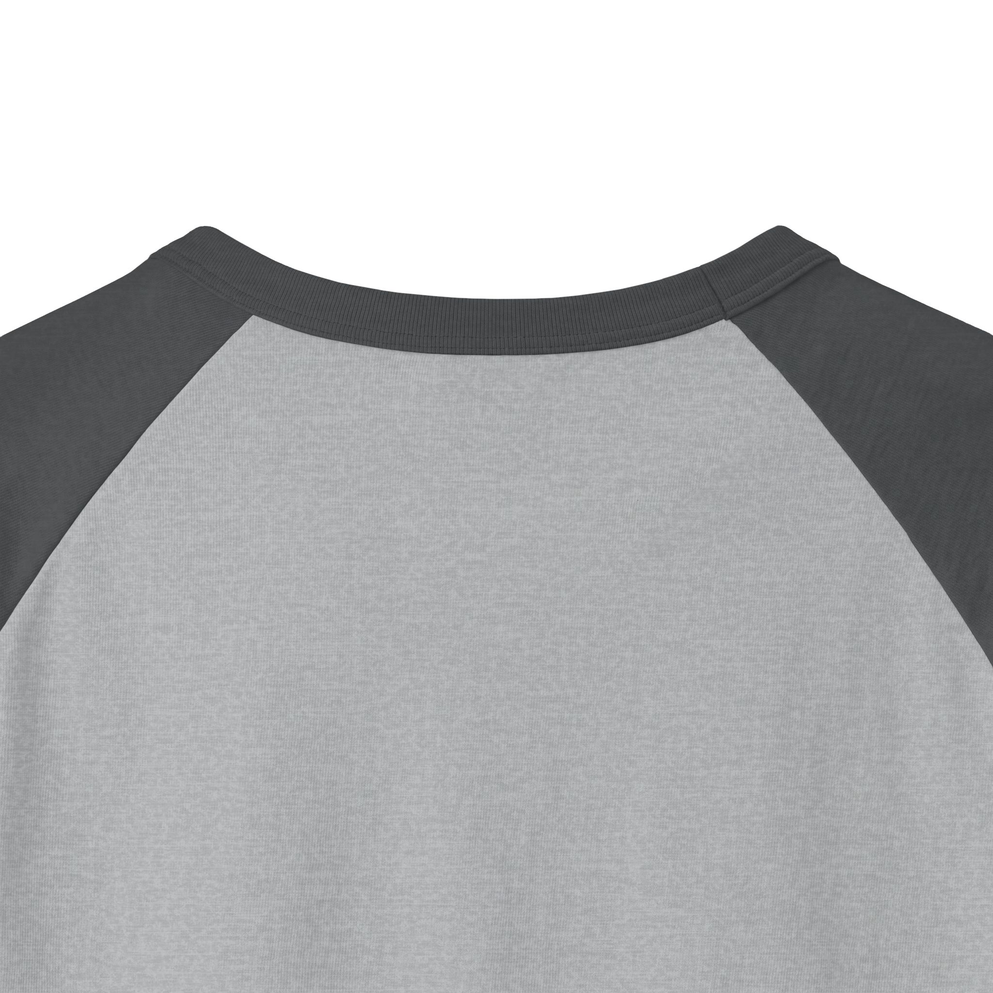 Back neckline close-up of the Ask Me How War Is the Health of the State raglan in Heather Grey with Heather Charcoal sleeves.