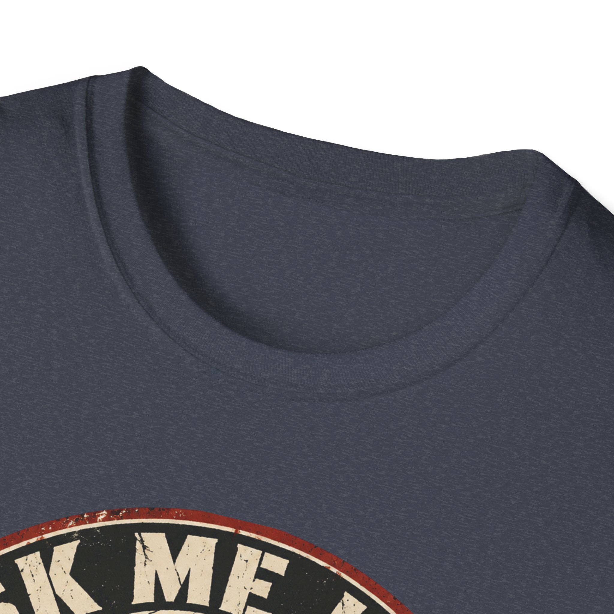 Neckline close-up of the Ask Me How War Is the Health of the State skull tee in Heather Navy.