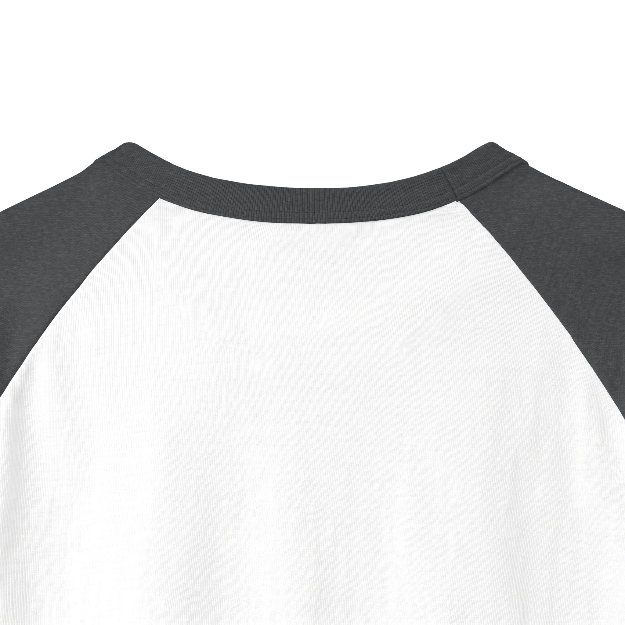 Back neckline close-up of the Ask Me How War Is the Health of the State raglan in White with Heather Charcoal sleeves.