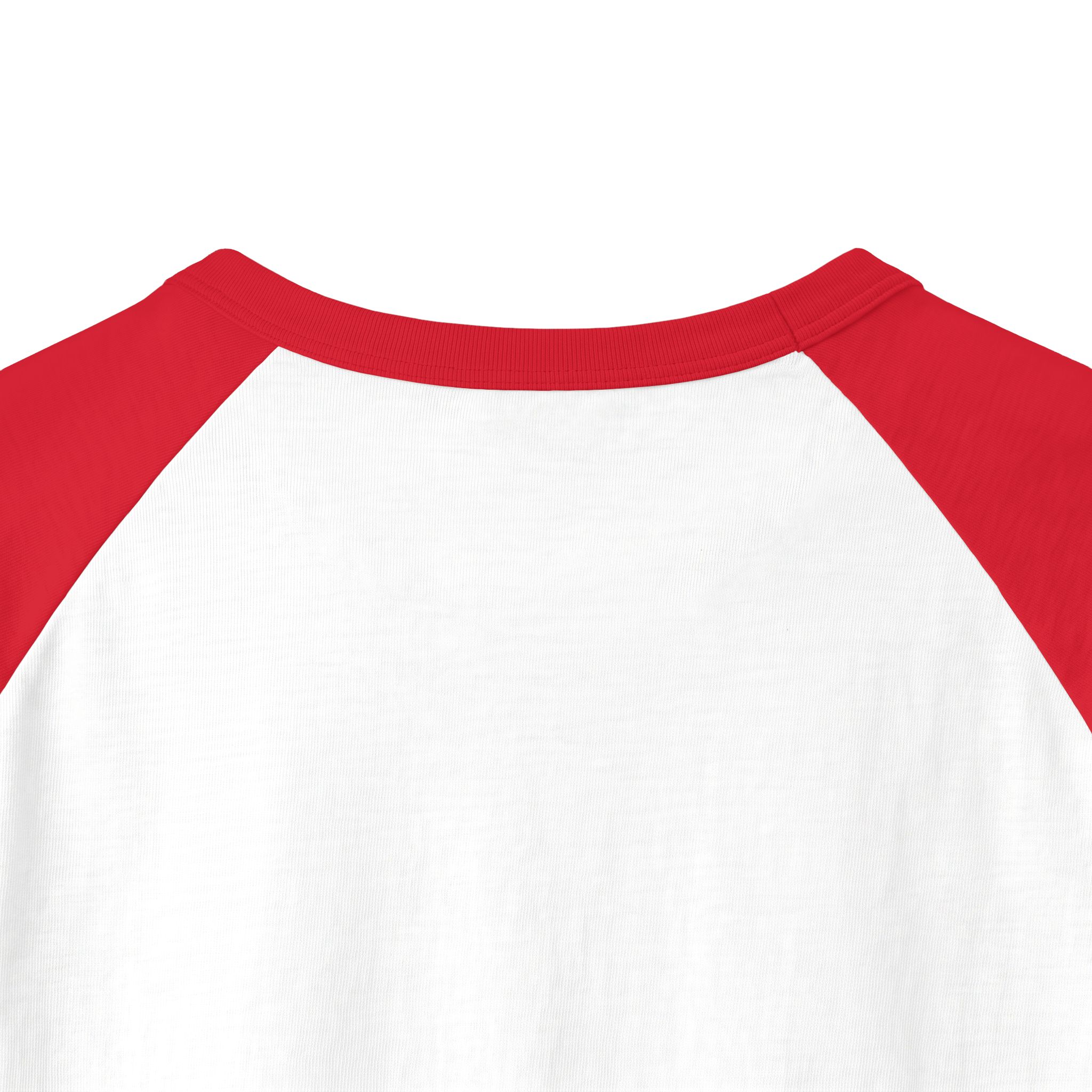 Back neckline close-up of the Ask Me How War Is the Health of the State raglan in White with Red sleeves.