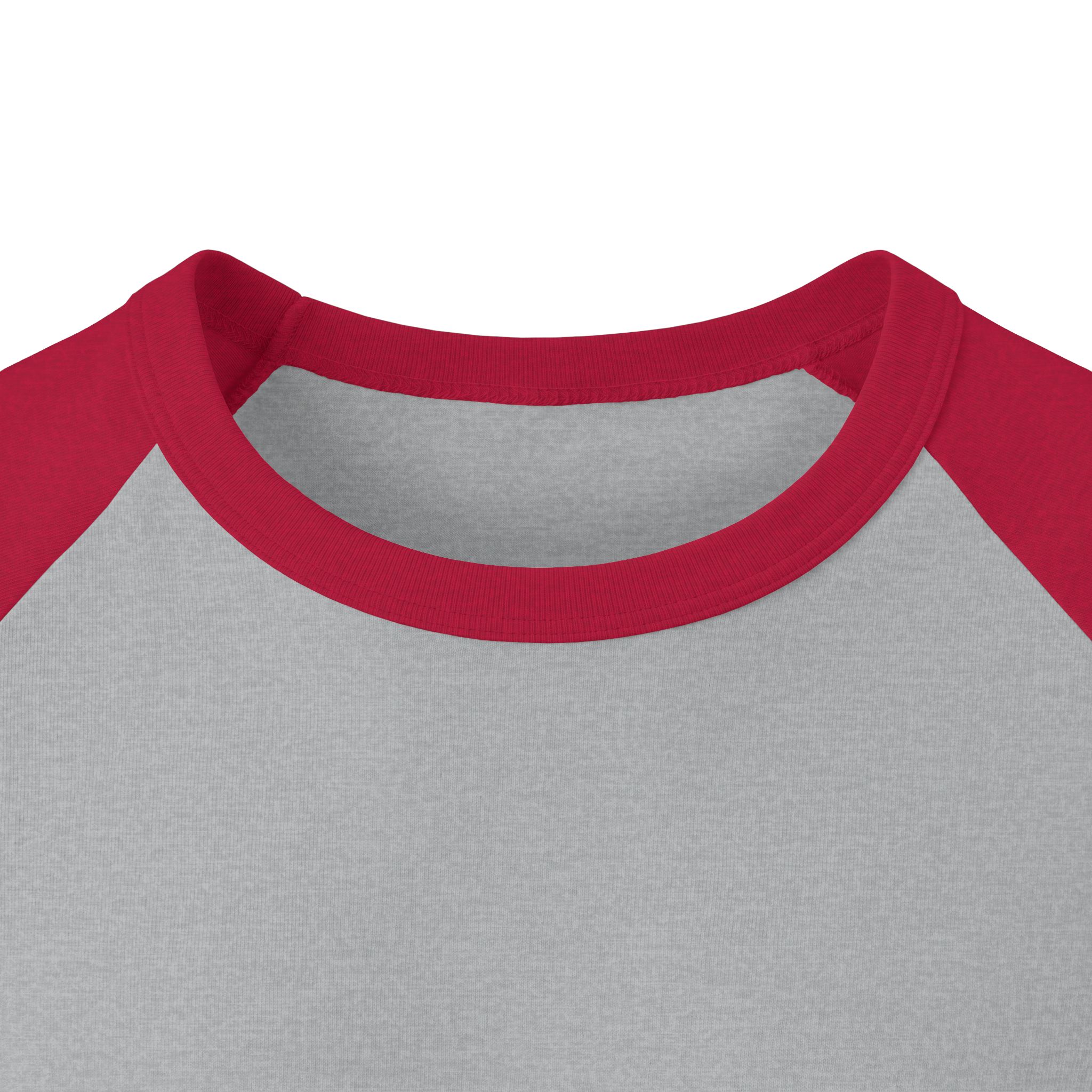 Front neckline close-up of the Ask Me How War Is the Health of the State raglan in Heather Grey with Heather Red sleeves.