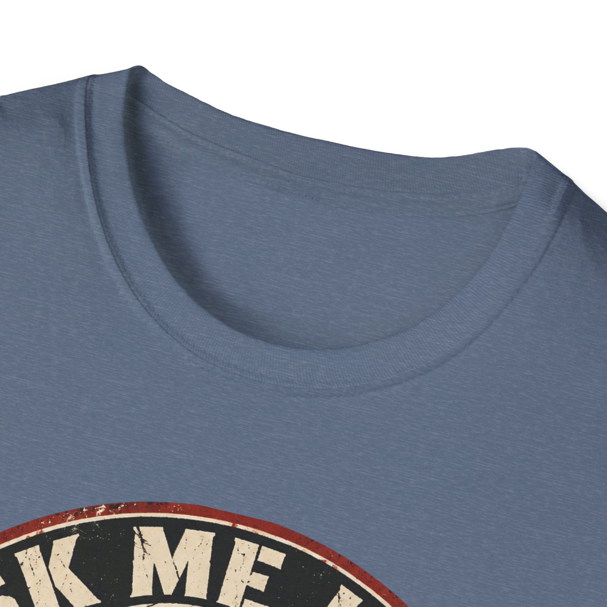 Neckline close-up of the Ask Me How War Is the Health of the State skull tee in Heather Indigo.