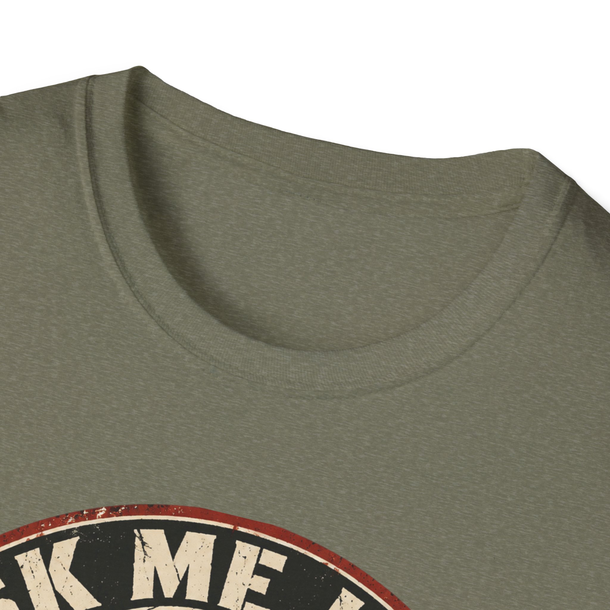 Neckline close-up of the Ask Me How War Is the Health of the State skull tee in Heather Military Green.