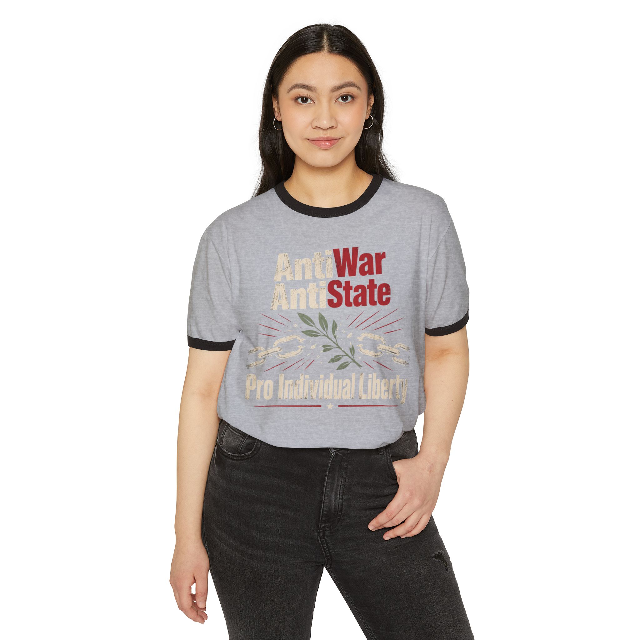 Model wearing the Anti War Anti State Pro Individual Liberty ringer tee in Heather Grey with Black trim, front view.