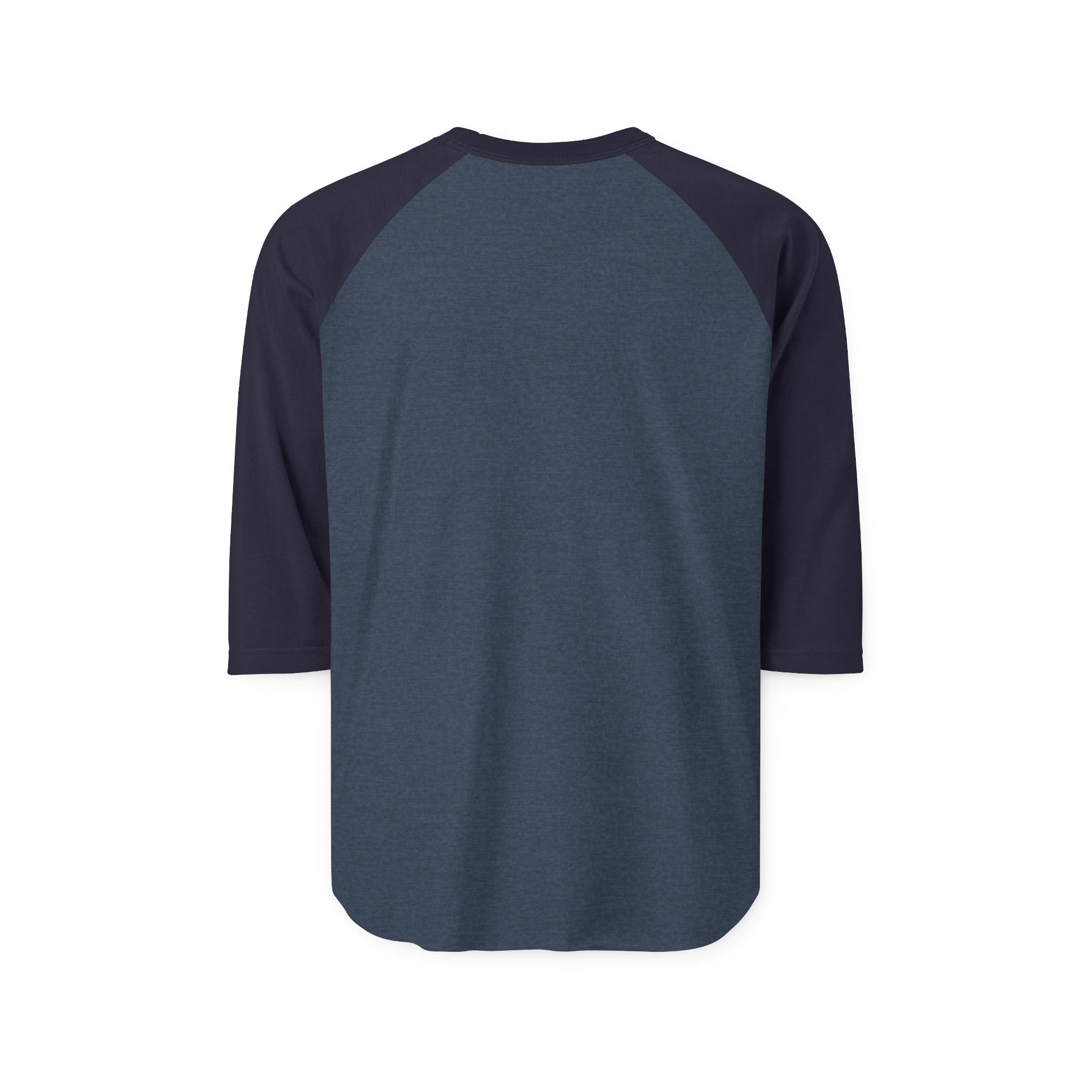 Ask Me How War Is the Health of the State raglan in Heather Denim with Navy sleeves, plain back.