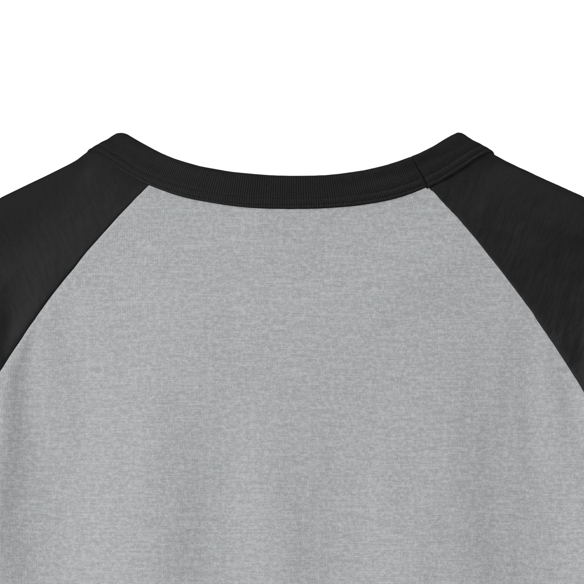 Back neckline close-up of the Ask Me How War Is the Health of the State raglan in Heather Grey with Black sleeves.