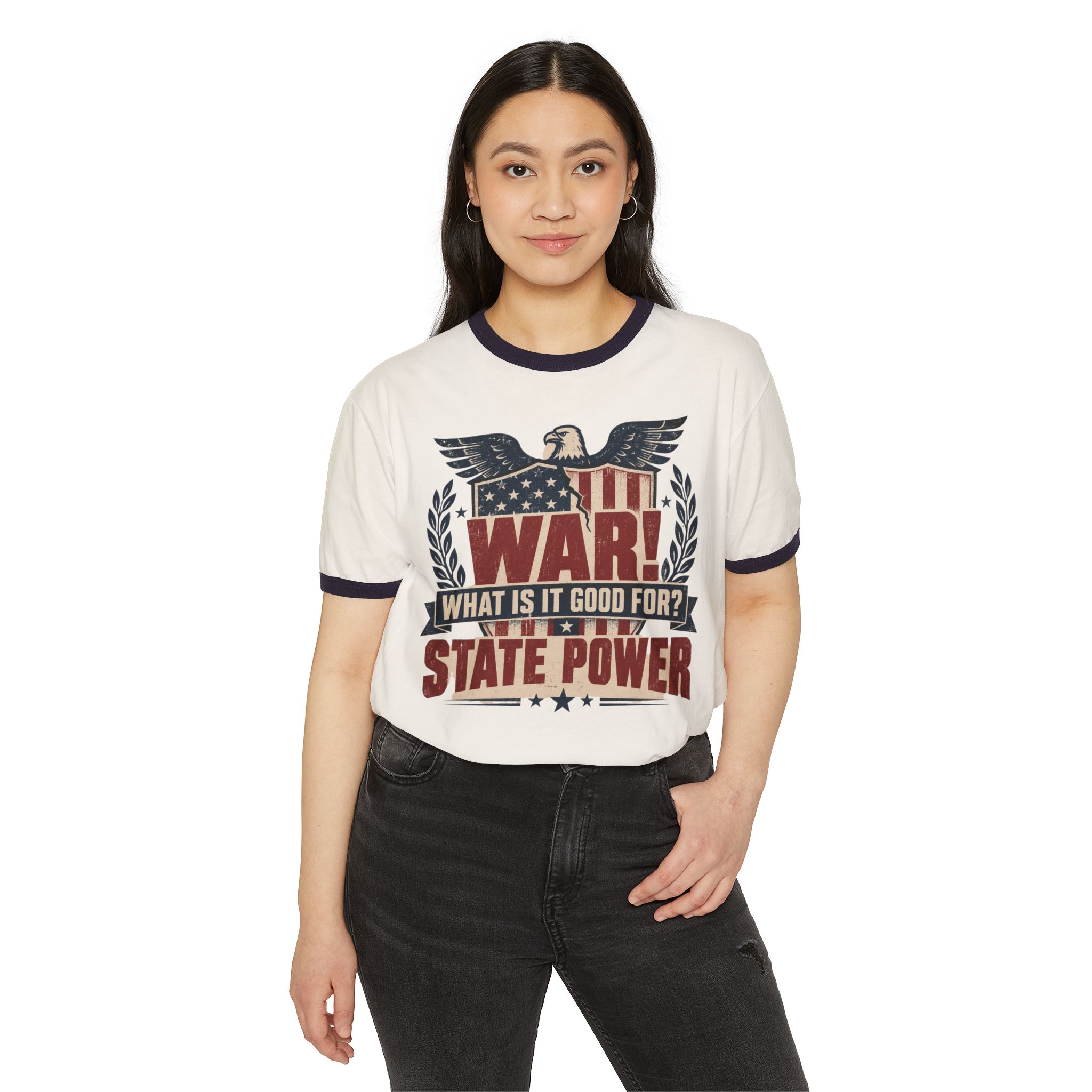 Model wearing the War! What Is It Good For? State Power ringer tee in Natural with Midnight Navy trim, front view.