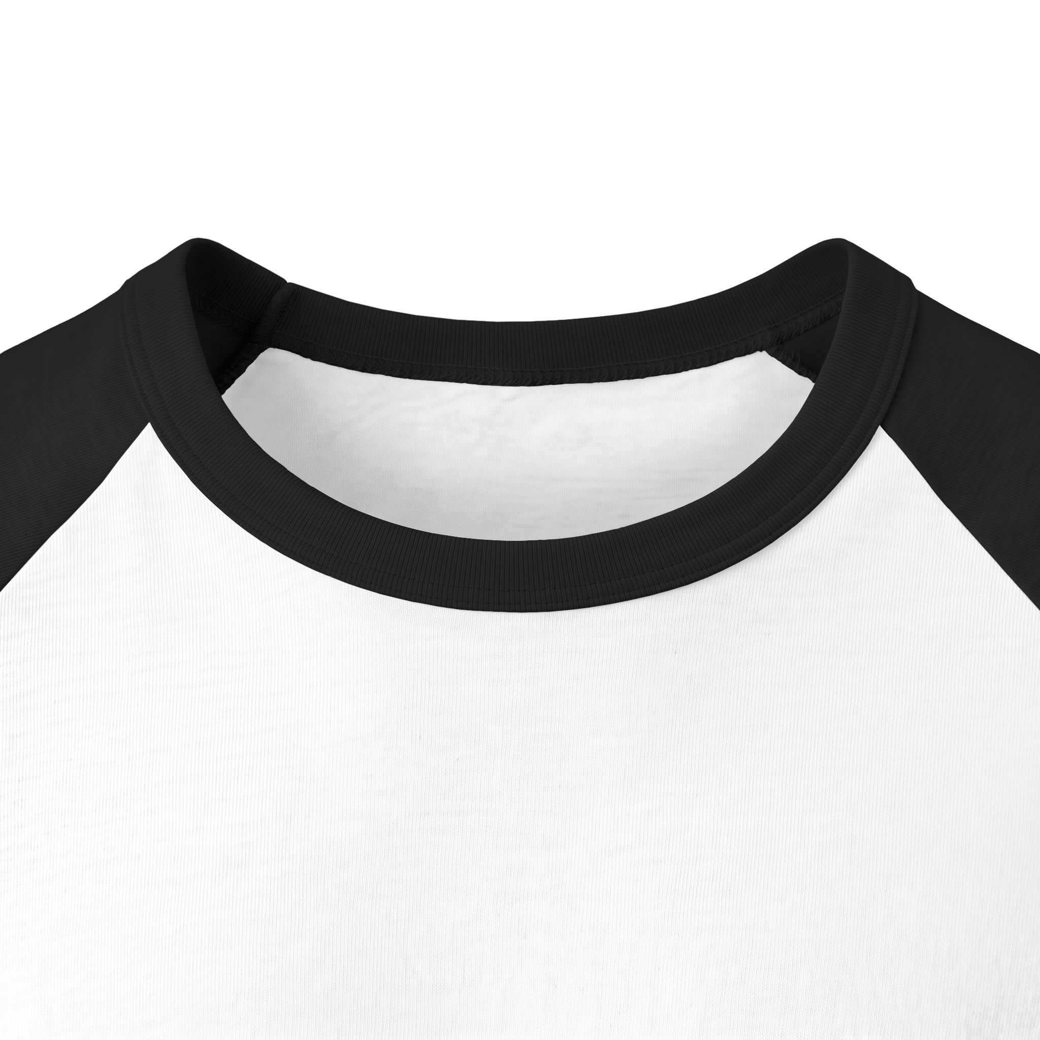 Front neckline close-up of the Ask Me How War Is the Health of the State raglan in White with Black sleeves.