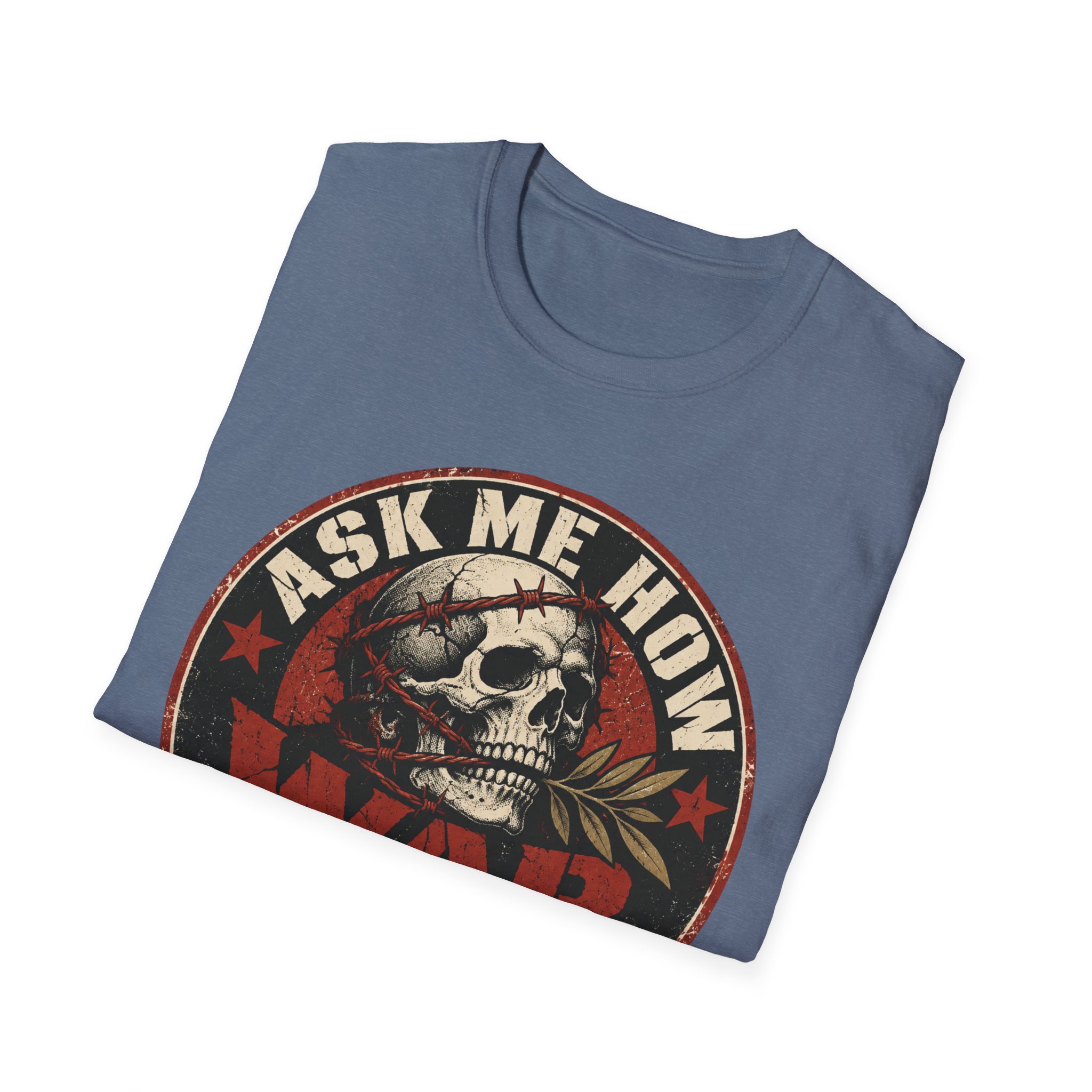 Folded Ask Me How War Is the Health of the State skull tee in Heather Indigo showing the badge print up close.