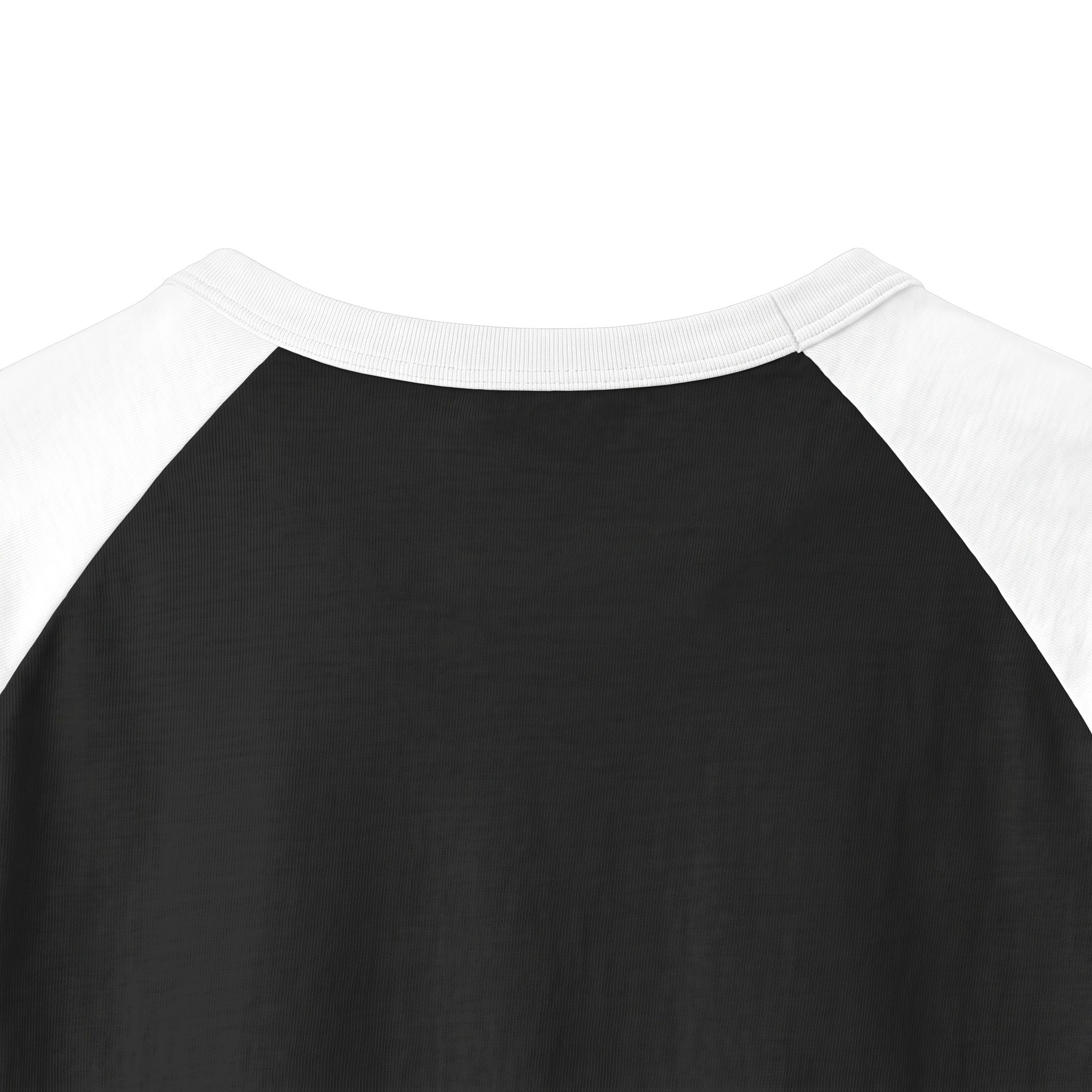 Back neckline close-up of the Ask Me How War Is the Health of the State raglan in Black with White sleeves.