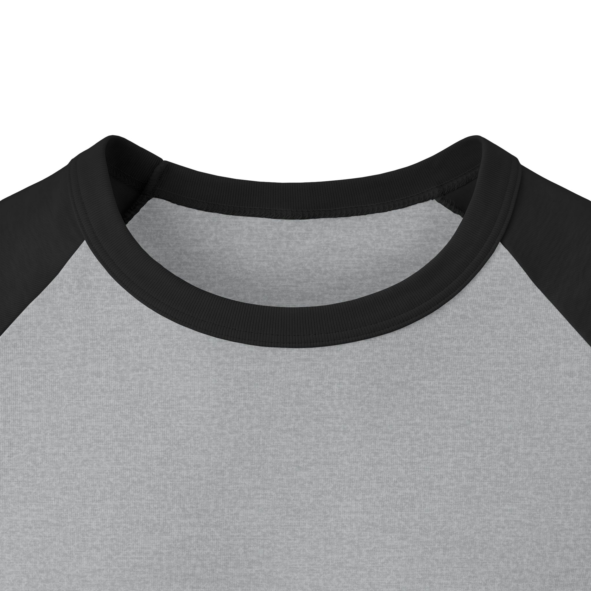 Front neckline close-up of the Ask Me How War Is the Health of the State raglan in Heather Grey with Black sleeves.