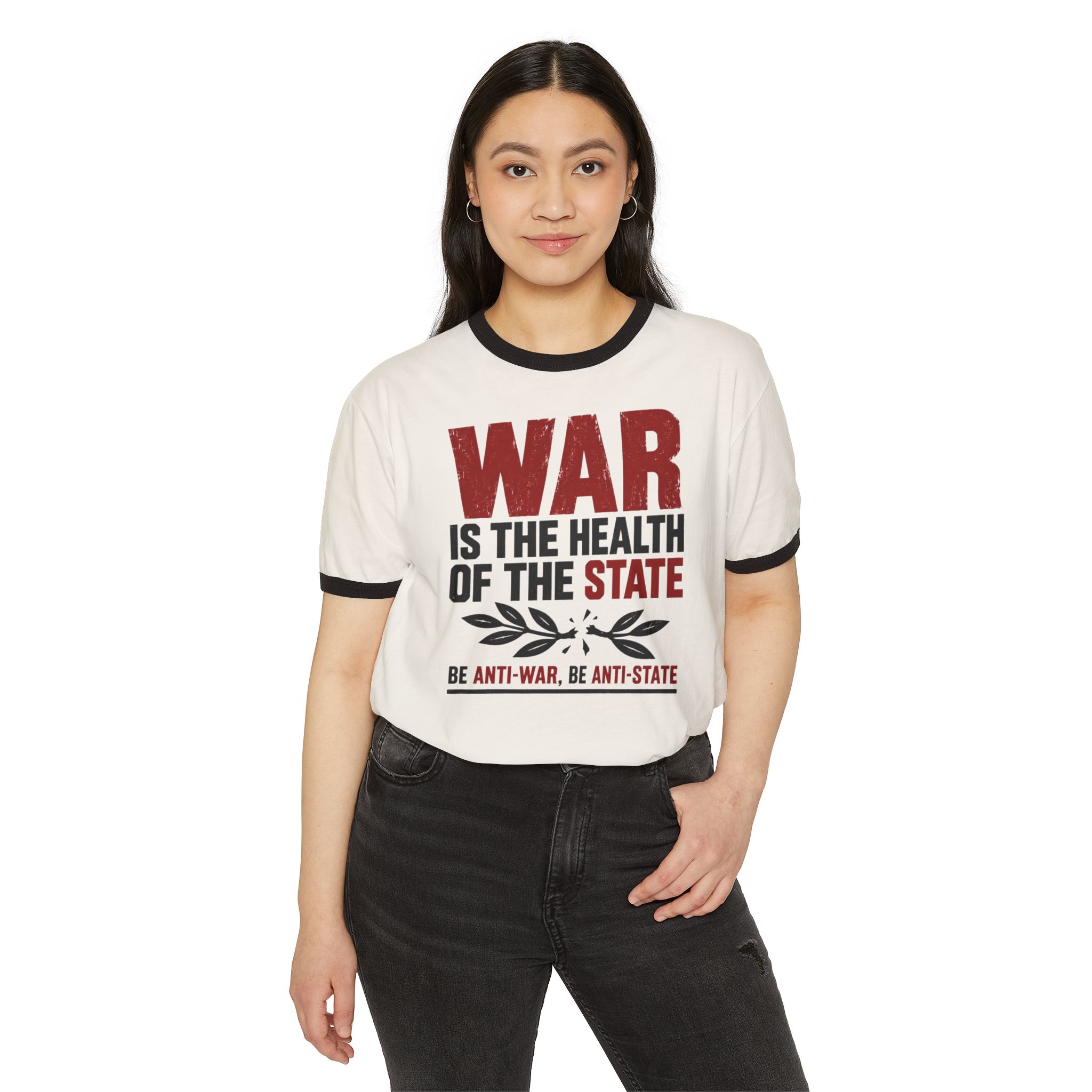 Model wearing the War Is the Health of the State ringer tee in Natural with Black trim, front view.