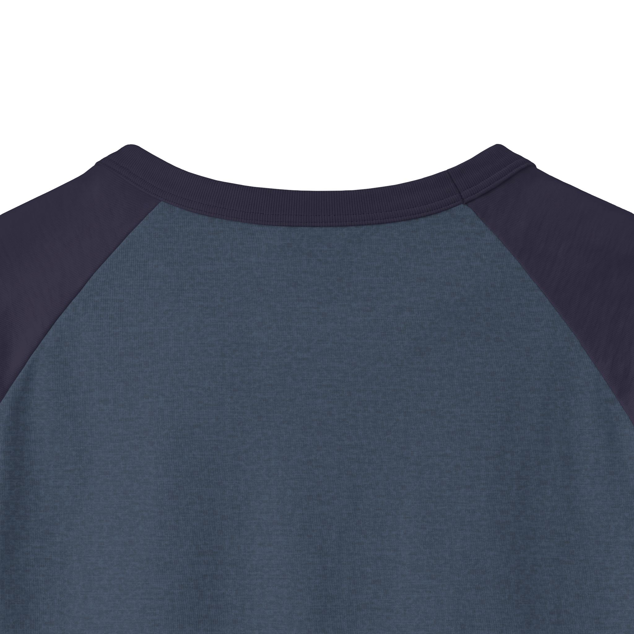 Back neckline close-up of the Ask Me How War Is the Health of the State raglan in Heather Denim with Navy sleeves.
