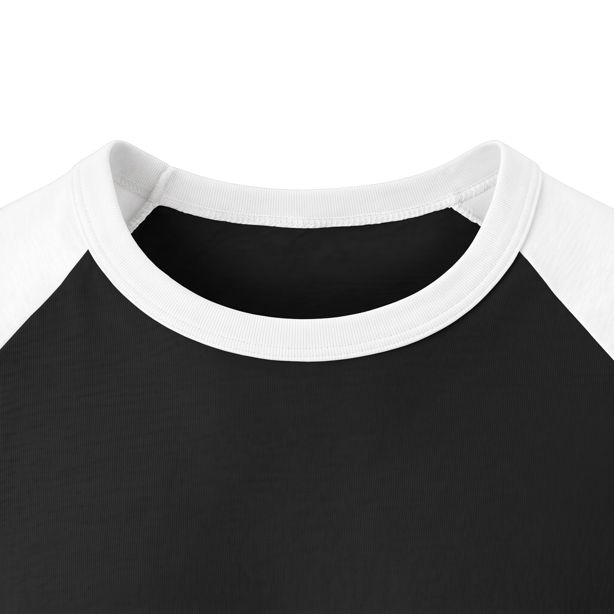 Front neckline close-up of the Ask Me How War Is the Health of the State raglan in Black with White sleeves.