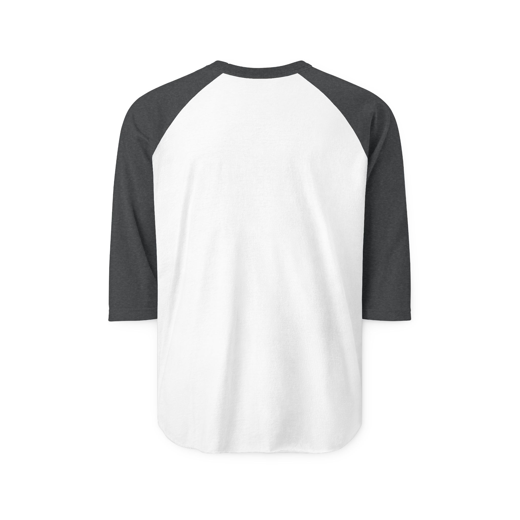 Ask Me How War Is the Health of the State raglan in White with Heather Charcoal sleeves, plain back.