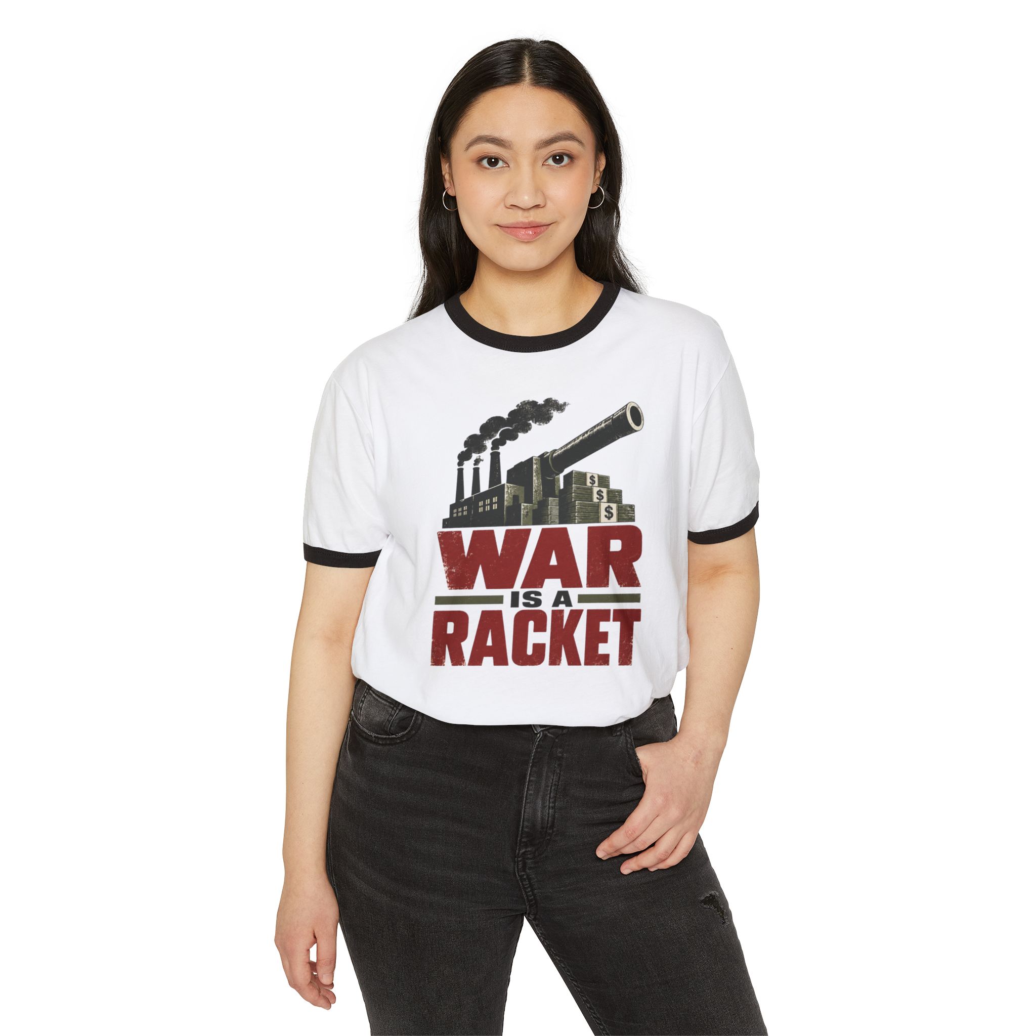 Model wearing the War Is a Racket ringer tee in White with Black trim, front view.