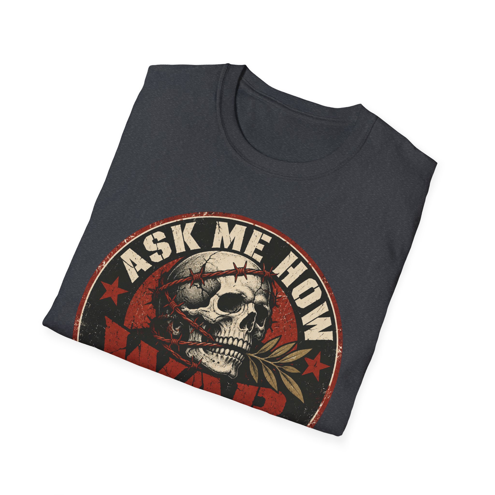 Folded Ask Me How War Is the Health of the State skull tee in Dark Heather Grey showing the badge print up close.
