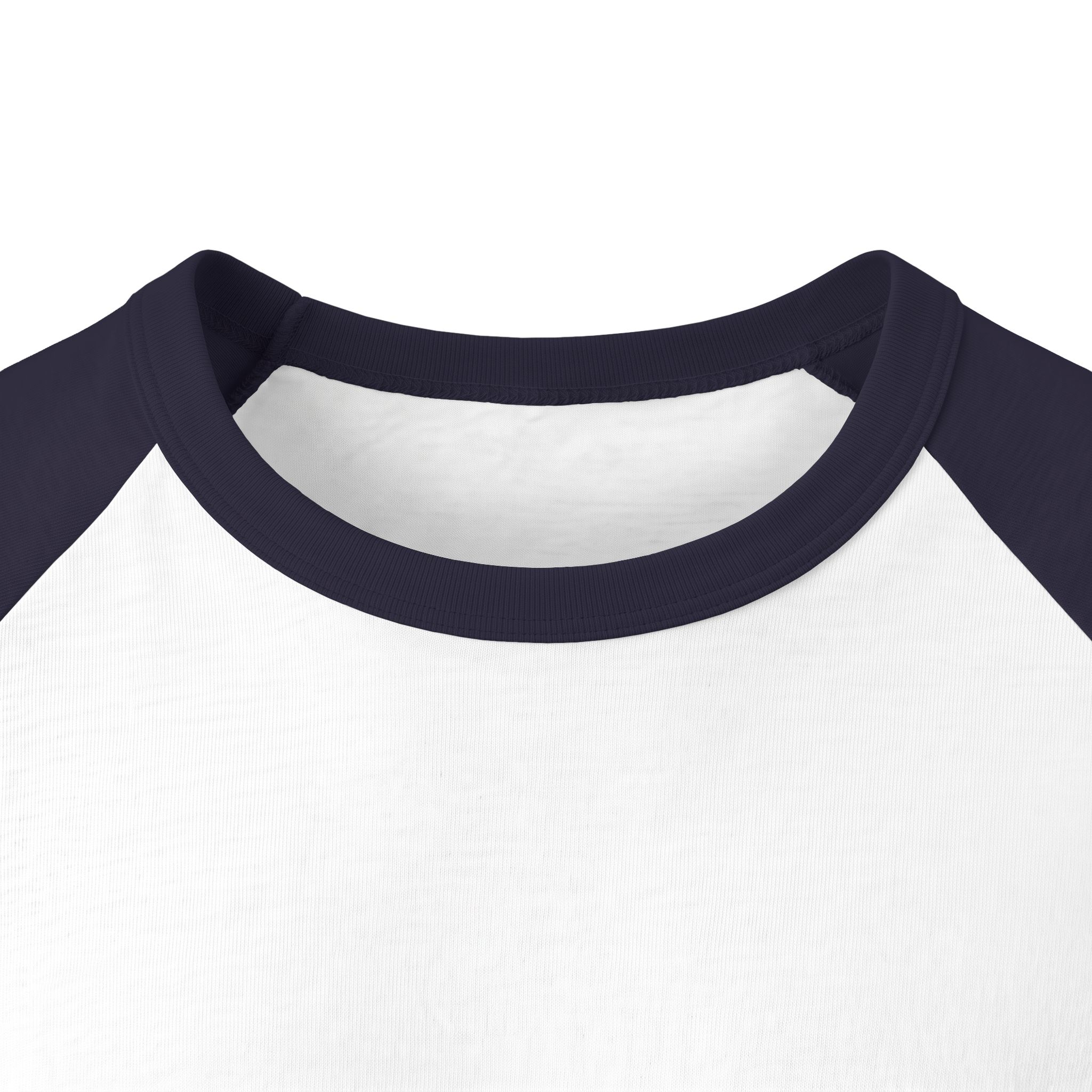Front neckline close-up of the Ask Me How War Is the Health of the State raglan in White with Navy sleeves.