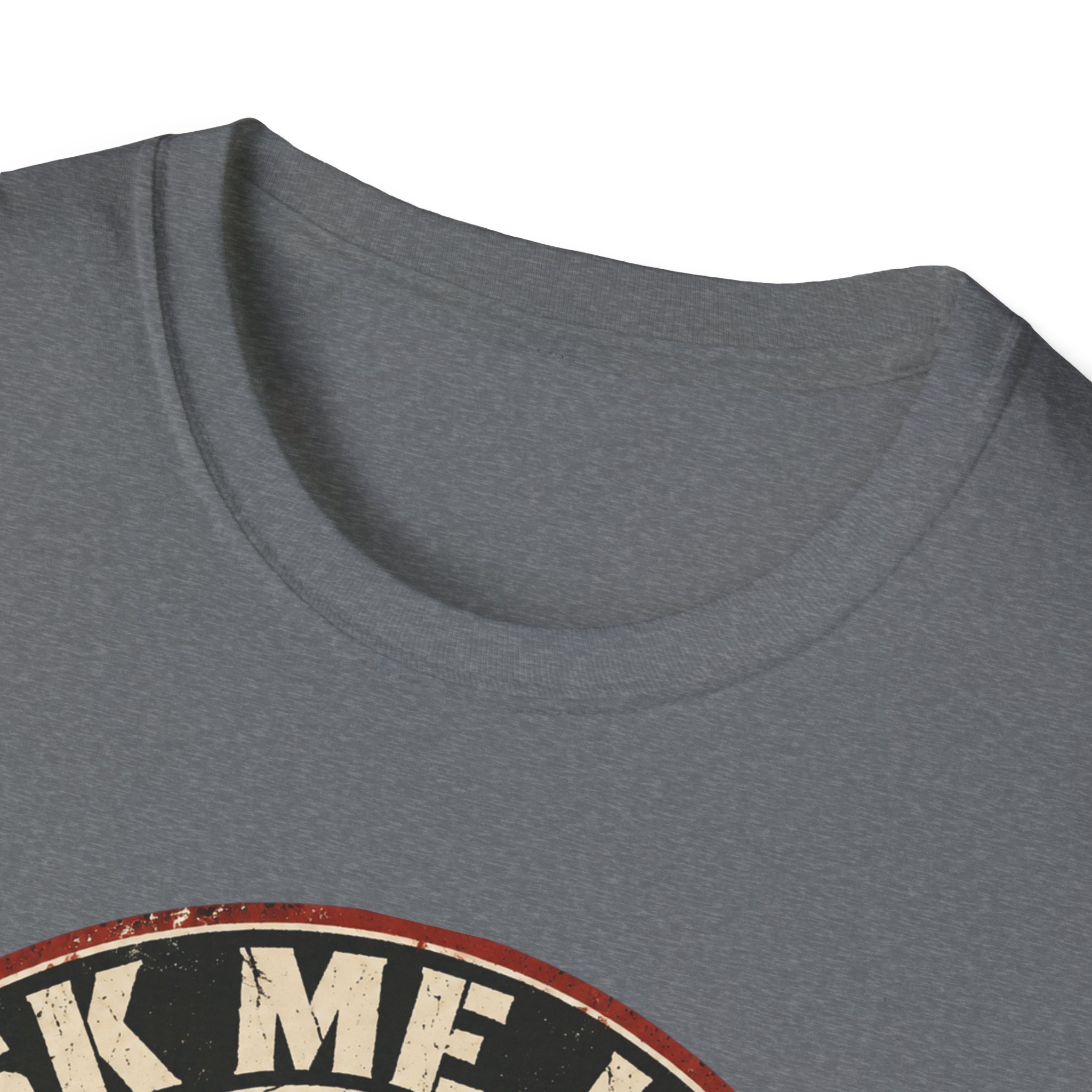 Neckline close-up of the Ask Me How War Is the Health of the State skull tee in Graphite Heather.