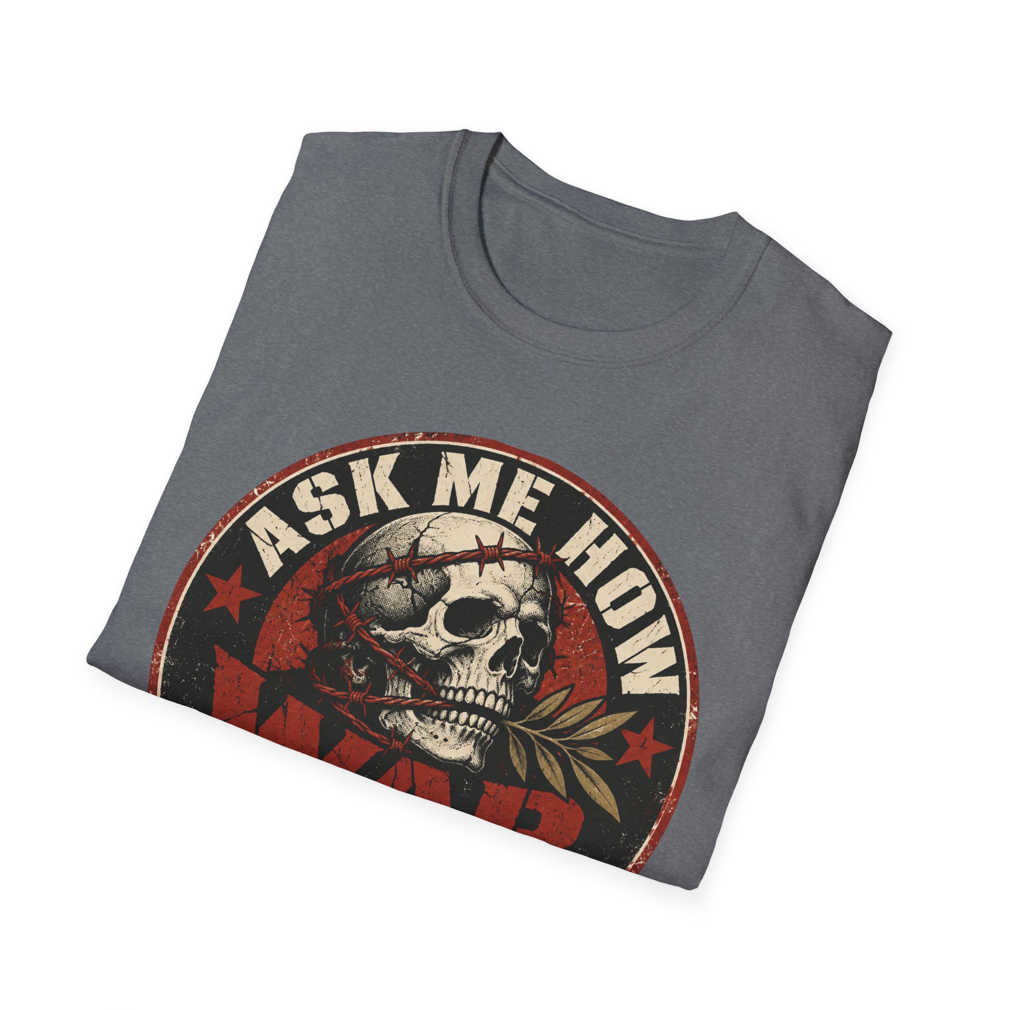 Folded Ask Me How War Is the Health of the State skull tee in Graphite Heather showing the badge print up close.