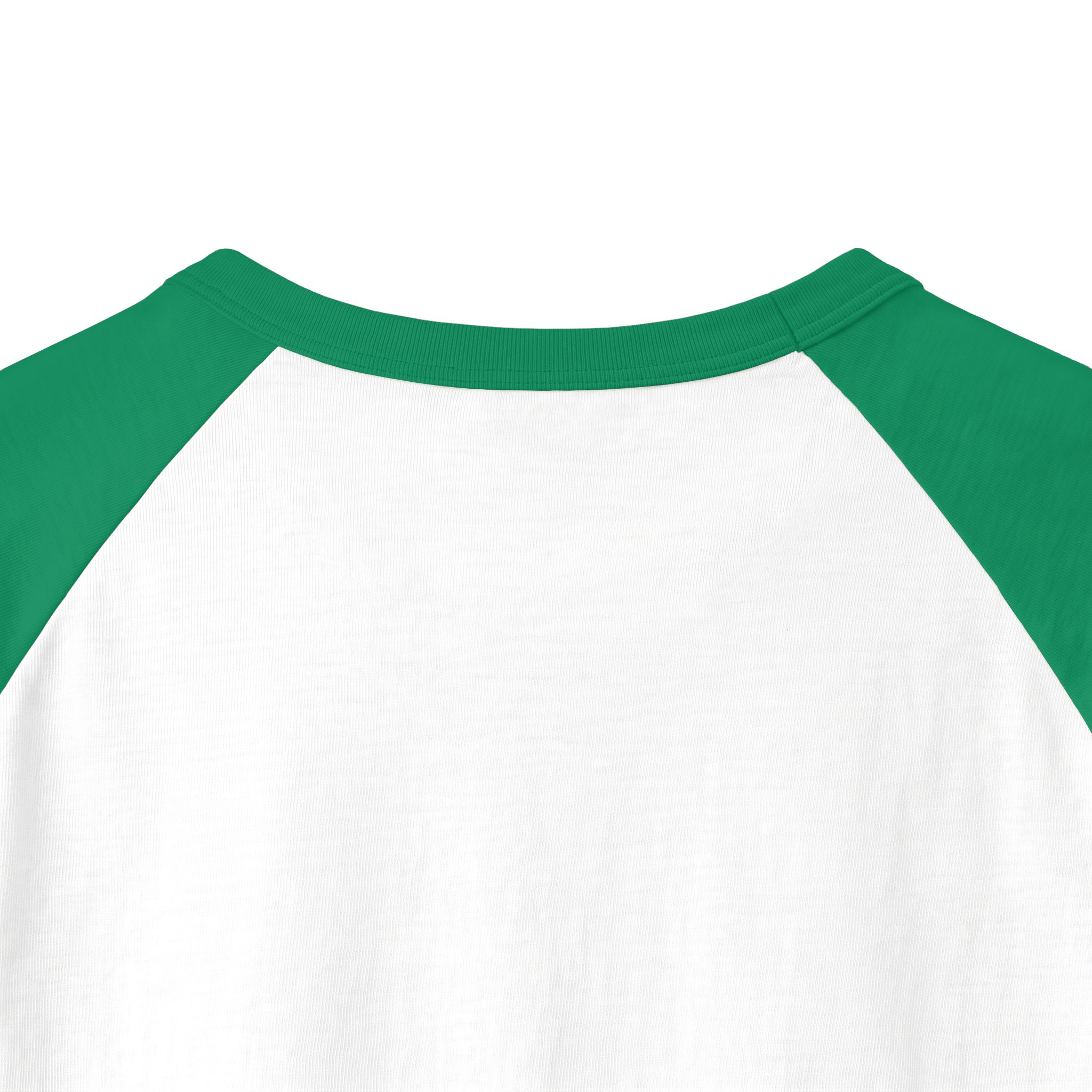Back neckline close-up of the Ask Me How War Is the Health of the State raglan in White with Kelly sleeves.