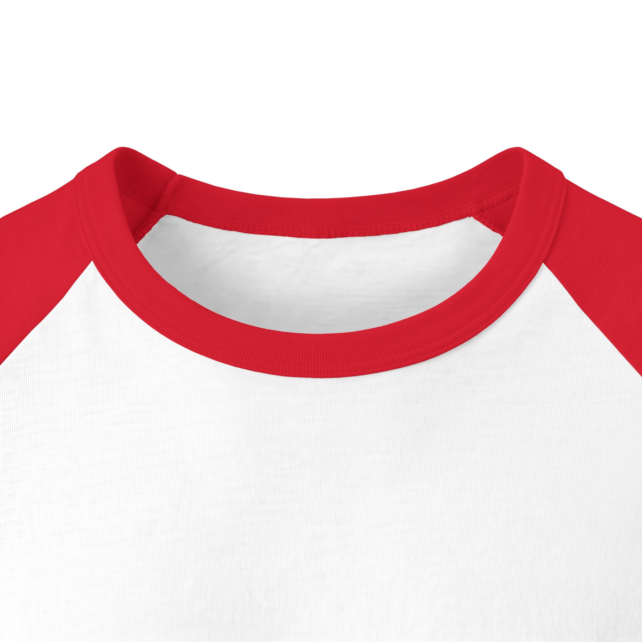 Front neckline close-up of the Ask Me How War Is the Health of the State raglan in White with Red sleeves.