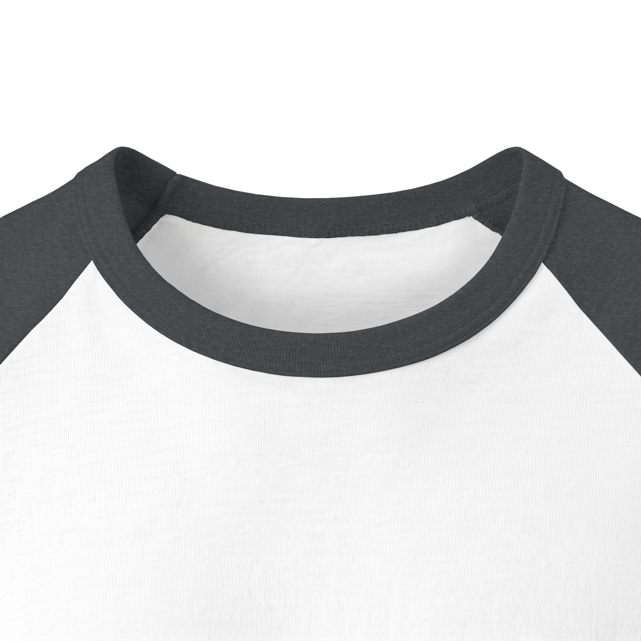 Front neckline close-up of the Ask Me How War Is the Health of the State raglan in White with Heather Charcoal sleeves.