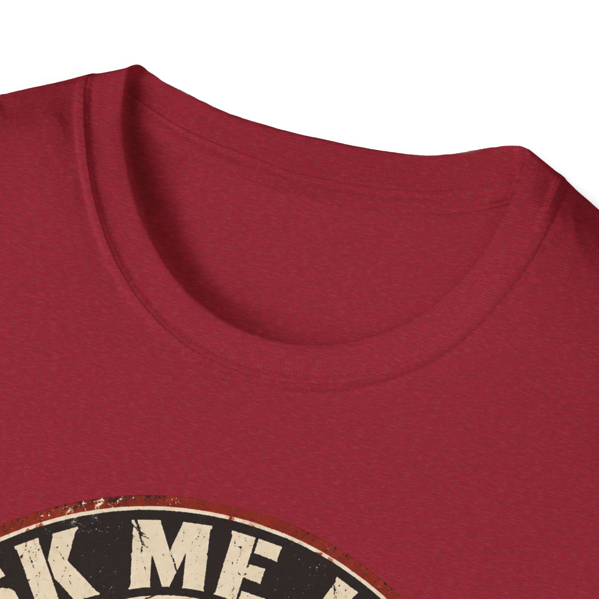 Neckline close-up of the Ask Me How War Is the Health of the State skull tee in Antique Cherry Red.