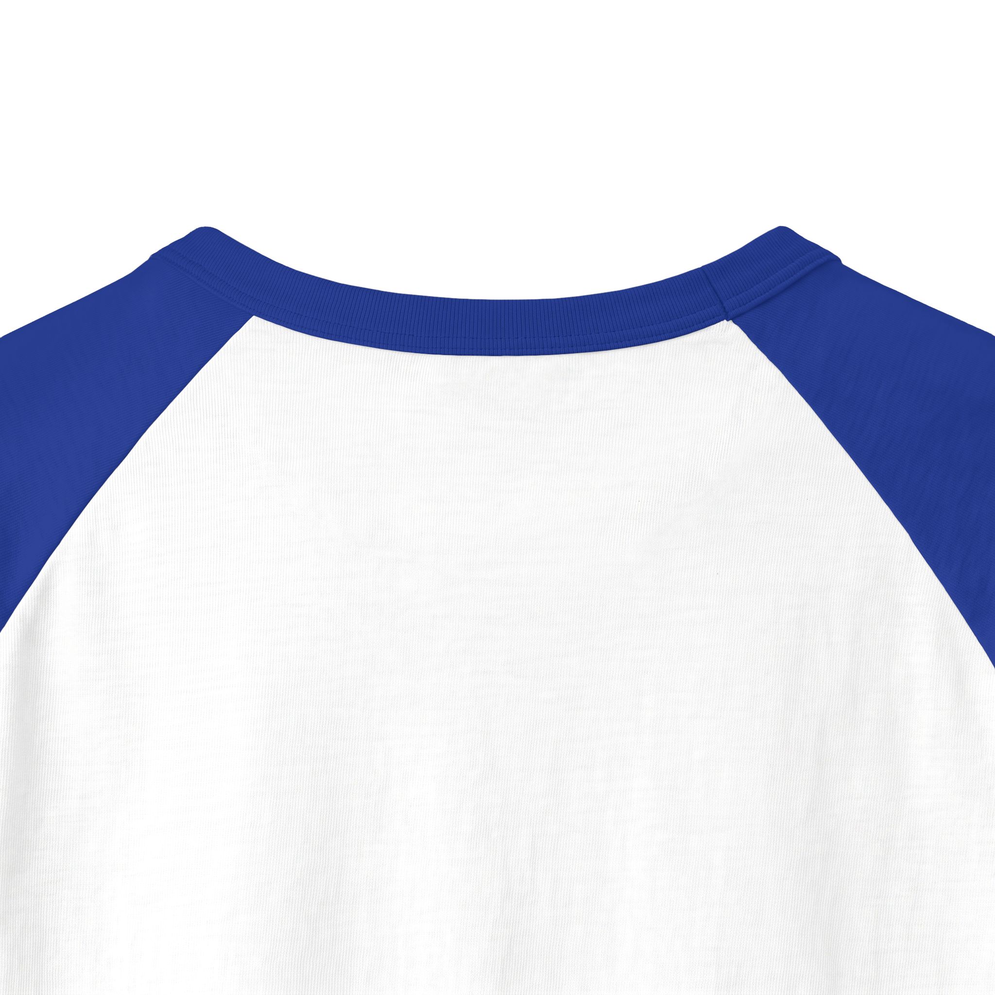 Back neckline close-up of the Ask Me How War Is the Health of the State raglan in White with Royal sleeves.