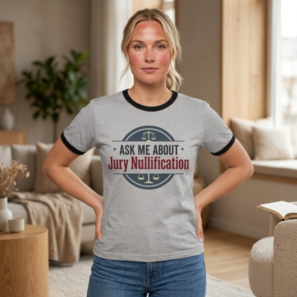 Grey ringer T-shirt printed Ask Me About Jury Nullification.