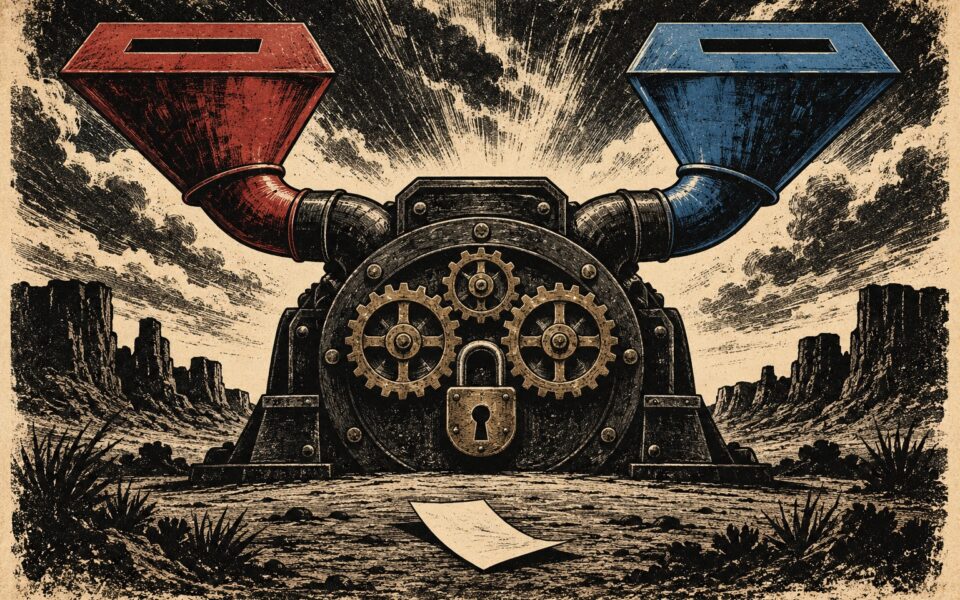 Red and blue ballot funnels feed the same locked iron machine in a linocut illustration.
