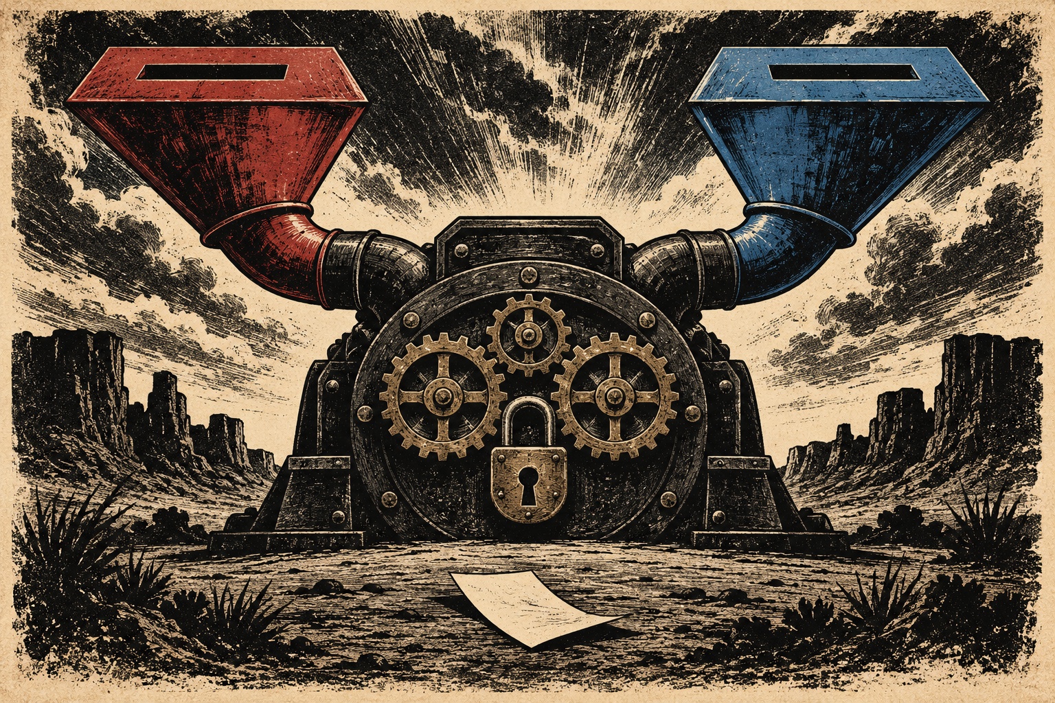 Red and blue ballot funnels feed the same locked iron machine in a linocut illustration.
